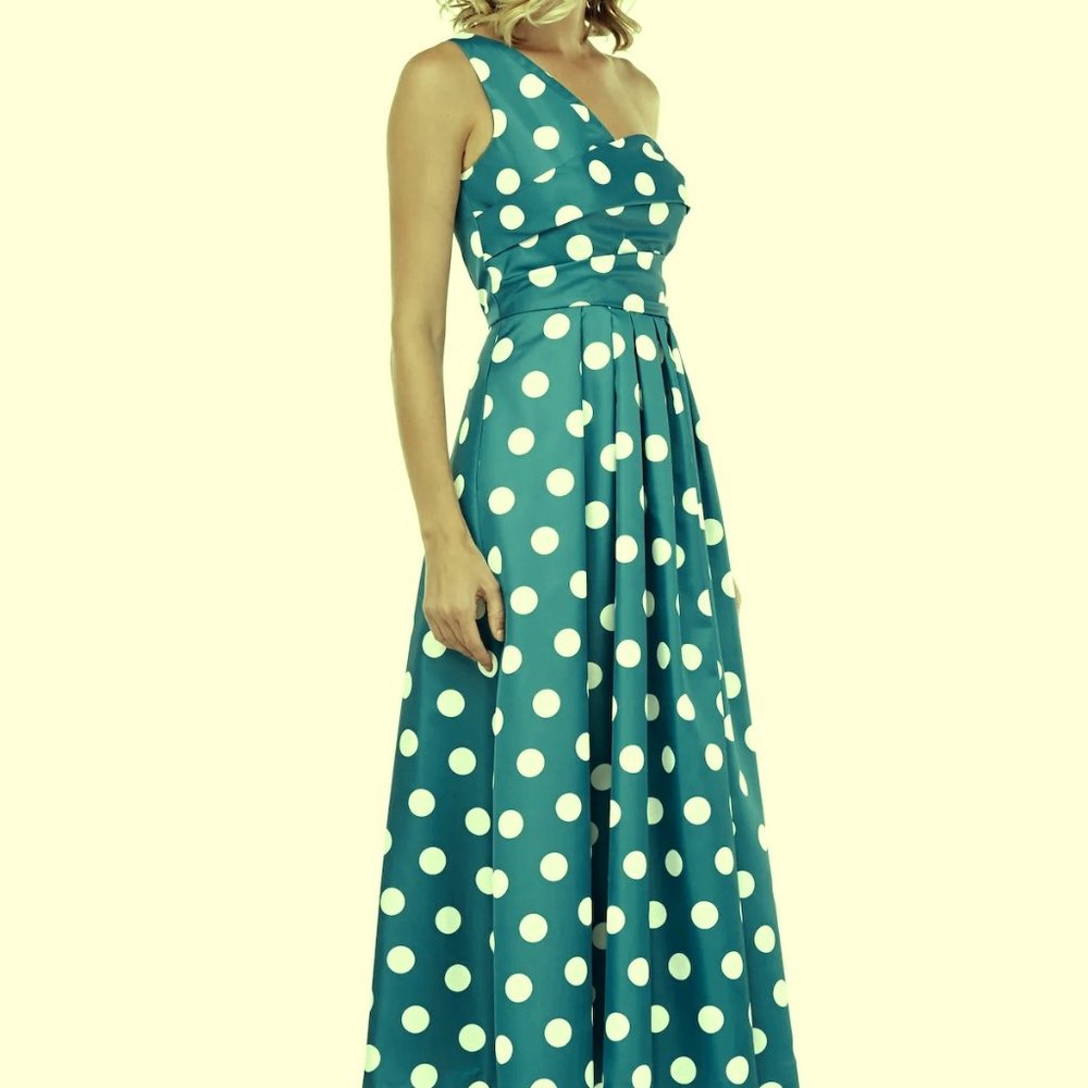 Kay Unger Persian Blue White Victoire One-Shoulder Mikado Cocktail Dress - Picture 3 of 6